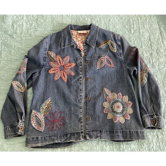 Alfred Dunner Petite Embroidered Floral Denim Jacket 12P Dark Wash - Picture 3 of 11